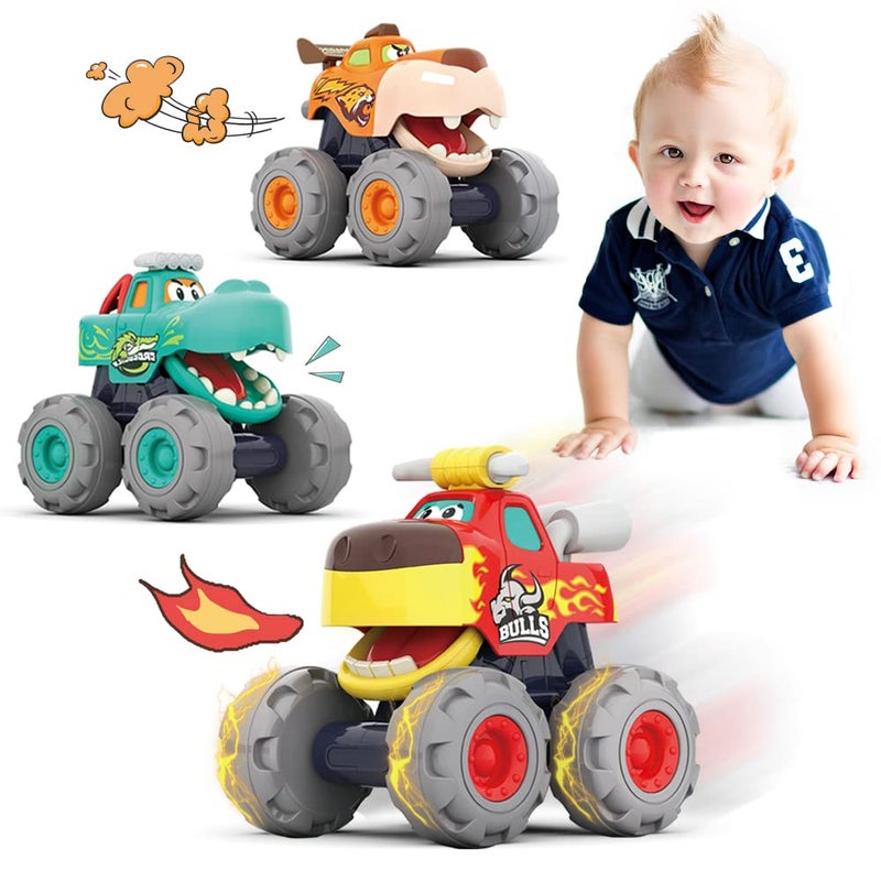 Woby Monster Truck Car Toys for 12-18 Months Baby,1-2 Birthday Gifts Toys,3 Pack of Friction Powered Pull Back Animal Cars Vehicles - Image 1